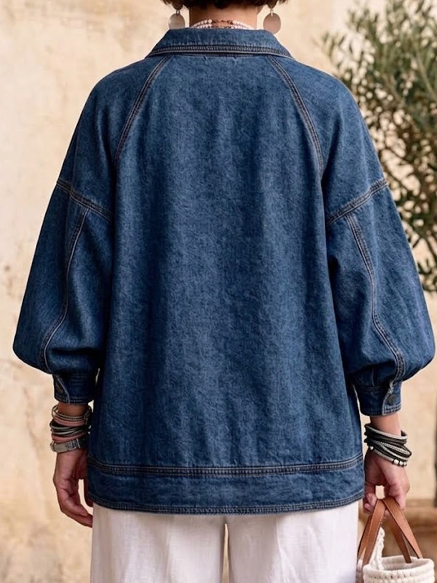 🤲LAST DAY SAVE 49% ⏰Half Zip Collared Lantern Sleeve Denim Jacket