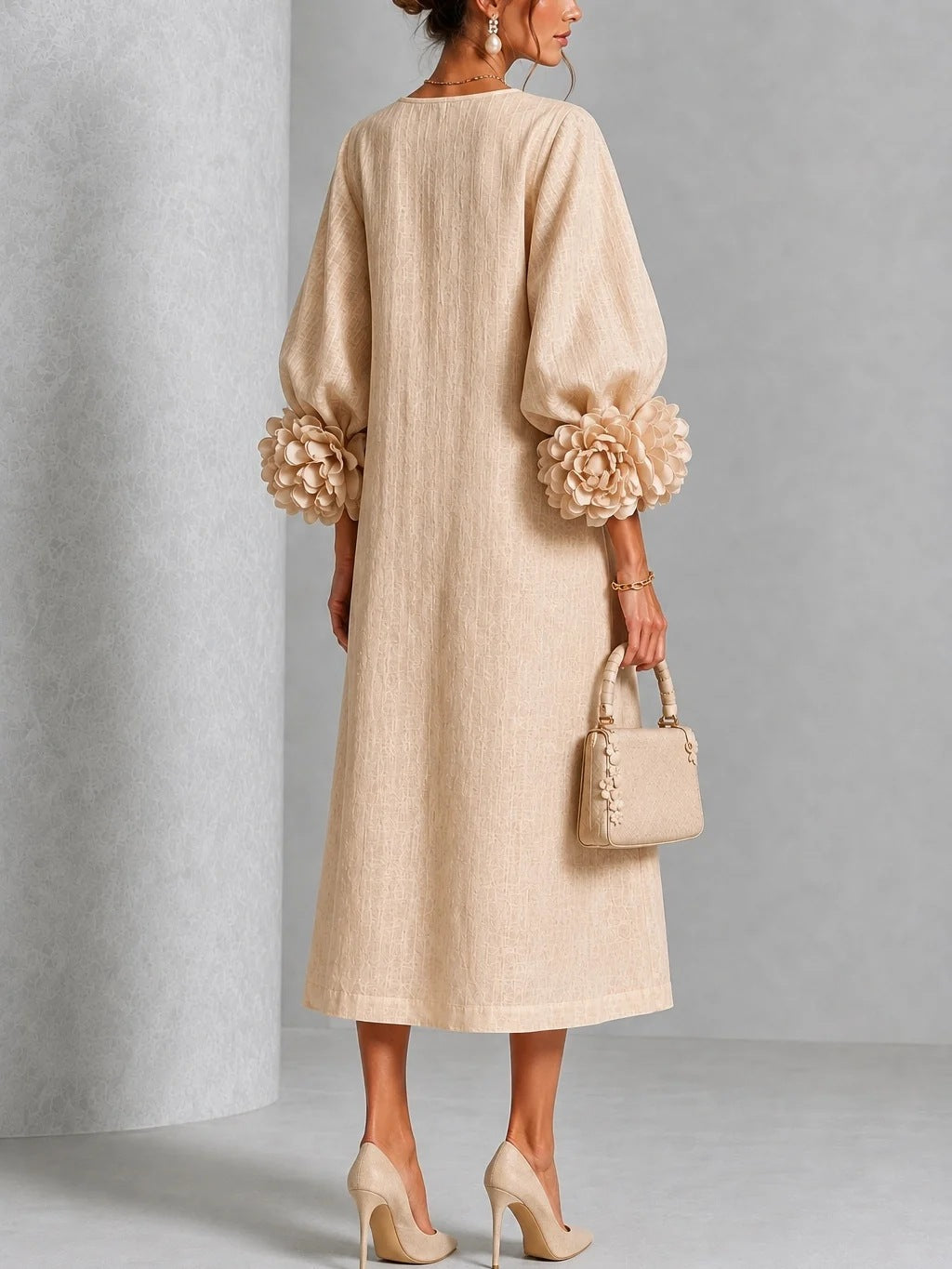 🤲LAST DAY SAVE 49% ⏰3D Floral Cuff Midi Dress – Relaxed A-Line Button Front