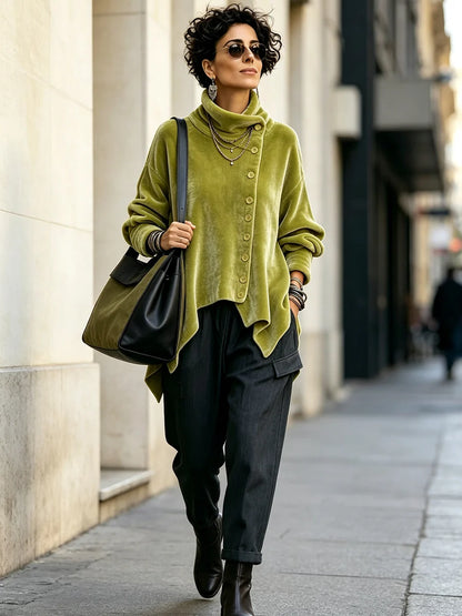 🤲LAST DAY SAVE 49% ⏰Chic Velvet Asymmetric Button Turtleneck Top
