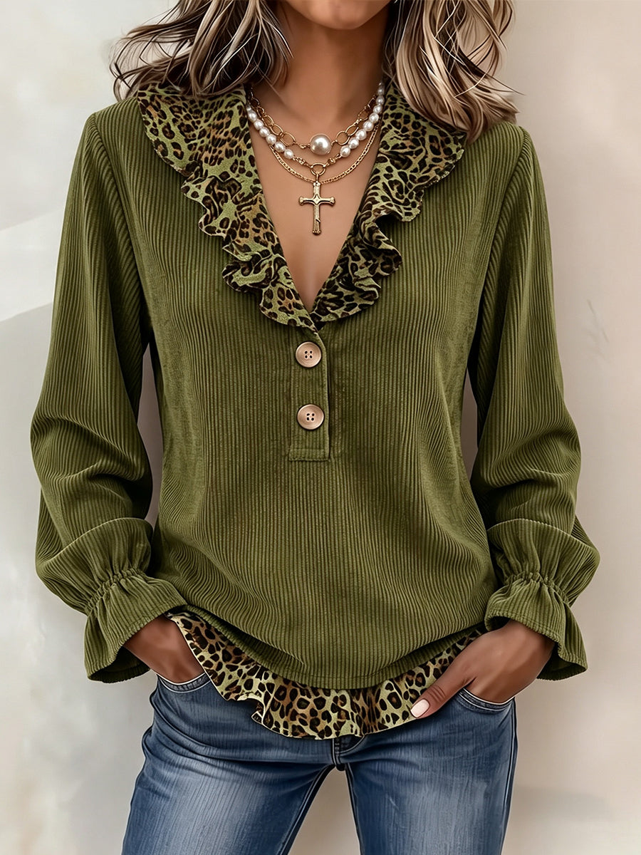 🤲LAST DAY SAVE 49% ⏰Chic Leopard-Trim Corduroy Blouse