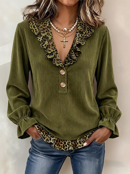🤲LAST DAY SAVE 49% ⏰Chic Leopard-Trim Corduroy Blouse