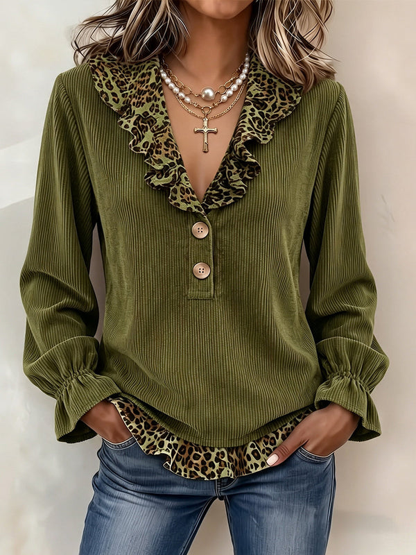 🤲LAST DAY SAVE 49% ⏰Chic Leopard-Trim Corduroy Blouse