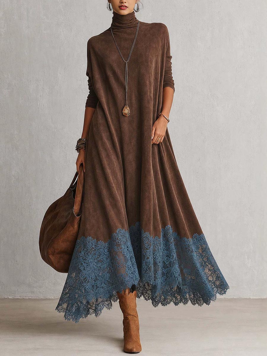 🤲LAST DAY SAVE 49% ⏰Women's Casual Loose-fit A-line Dress With Lace Paneling, High Neck, And Long Sleeves