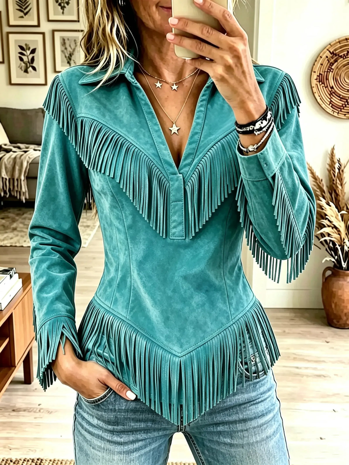 🤲LAST DAY SAVE 49% ⏰Women's Western Fringe Suede Pointed Hem Top
