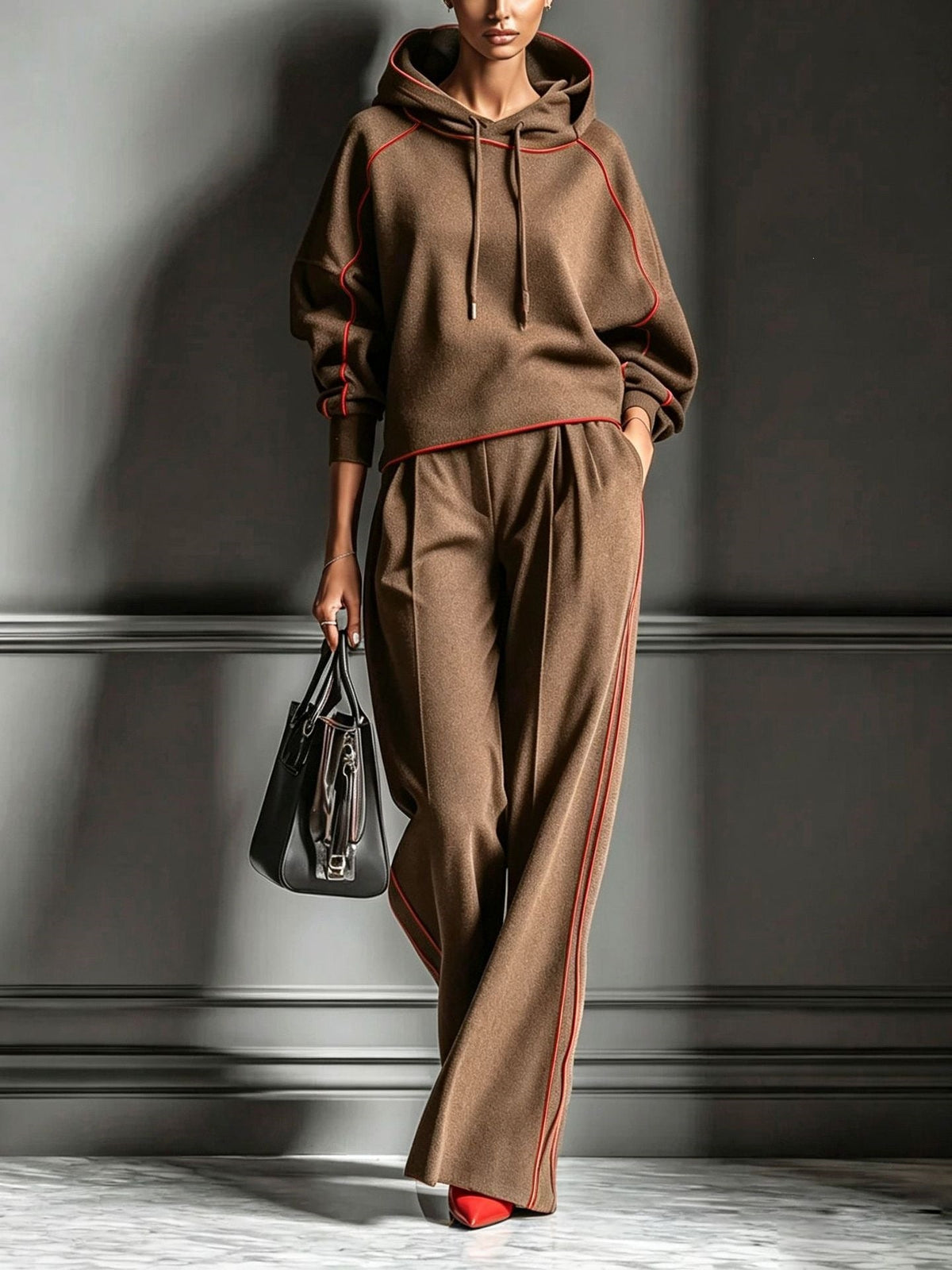 🤲LAST DAY SAVE 49% ⏰Chic Charcoal Grey Red-Trimmed Hooded Tracksuit Set— FREE Handbag