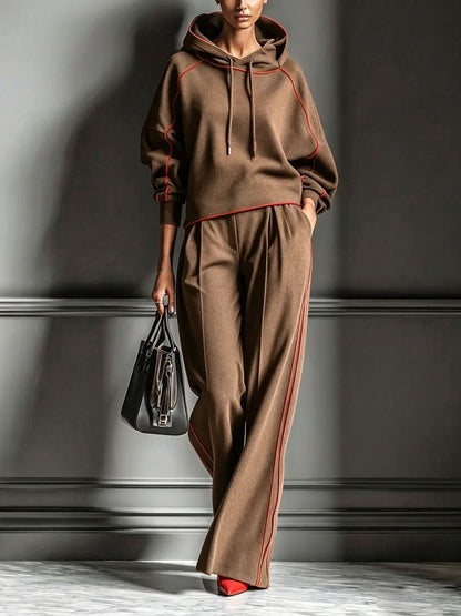 🤲LAST DAY SAVE 49% ⏰Chic Charcoal Grey Red-Trimmed Hooded Tracksuit Set— FREE Handbag