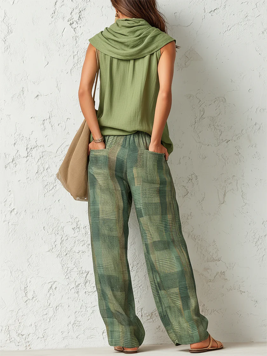 🌷Women's Vintage-Inspired Casual Chic Sleeveless Top And Plaid Trousers Set