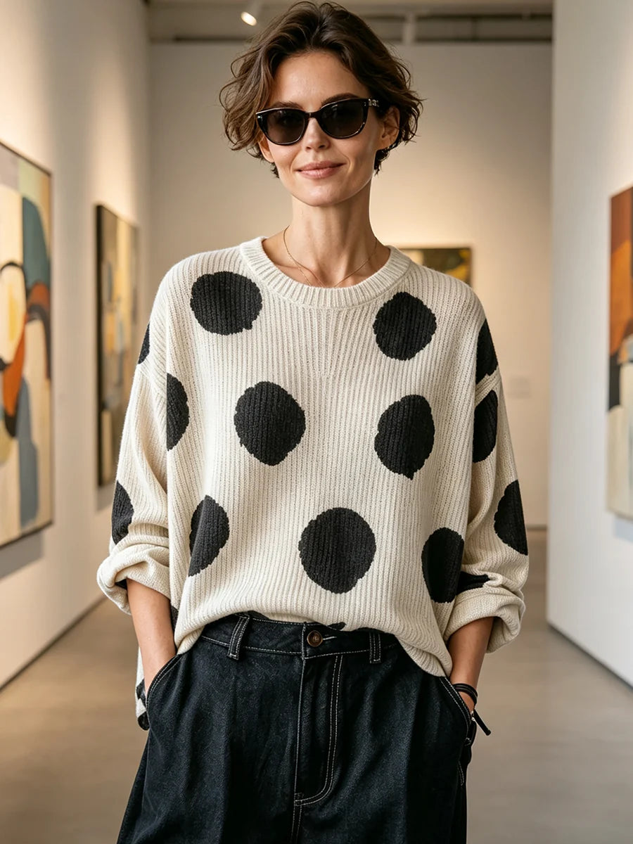 🤲LAST DAY SAVE 49% ⏰Cozy Oversized Polka Dot Lapel Collar Knit Top