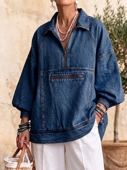 🤲LAST DAY SAVE 49% ⏰Half Zip Collared Lantern Sleeve Denim Jacket