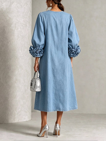 🤲LAST DAY SAVE 49% ⏰Chic Chambray Denim 3D Rosette Sleeve Midi Dress