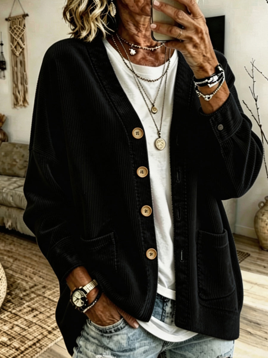 🤲LAST DAY SAVE 49% ⏰Corduroy V-neck Loose-fit Drop-shoulder Single-breasted Cardigan With Dual Pockets