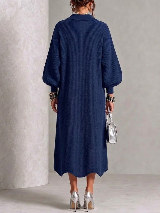 🤲LAST DAY SAVE 49% ⏰Long-sleeve Knit Dress With A Large Metal Buckle, Lapel Collar, And Lantern Sleeves
