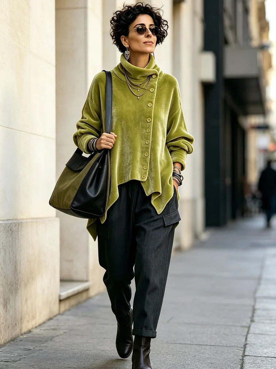 🤲LAST DAY SAVE 49% 🐆Chic Velvet Asymmetric Button Turtleneck Top