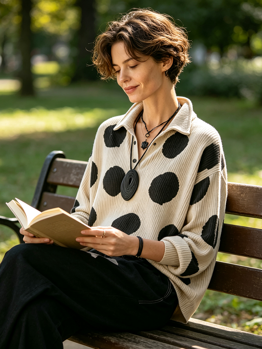 🤲LAST DAY SAVE 49% ⏰Cozy Oversized Polka Dot Lapel Collar Knit Top
