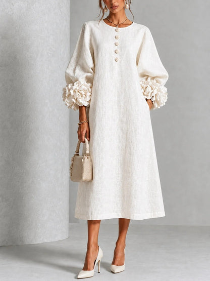 🤲LAST DAY SAVE 49% ⏰3D Floral Cuff Midi Dress – Relaxed A-Line Button Front