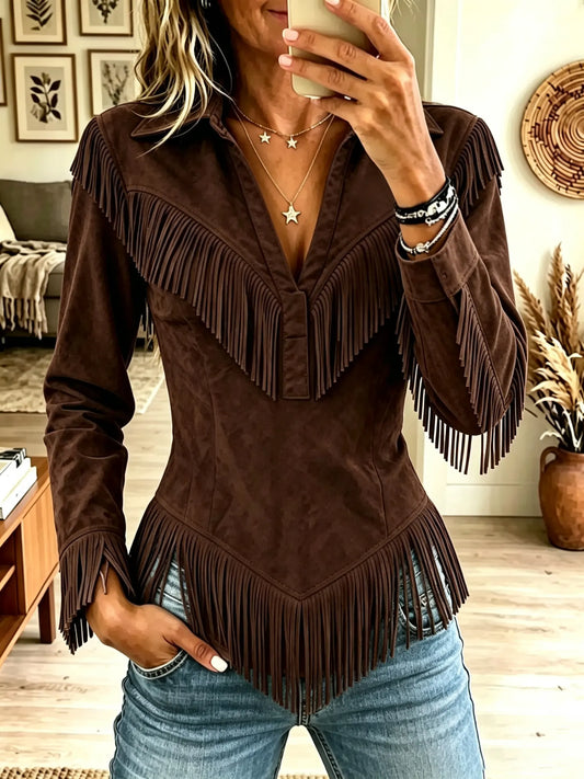 🤲LAST DAY SAVE 49% ⏰Women's Western Fringe Suede Pointed Hem Top