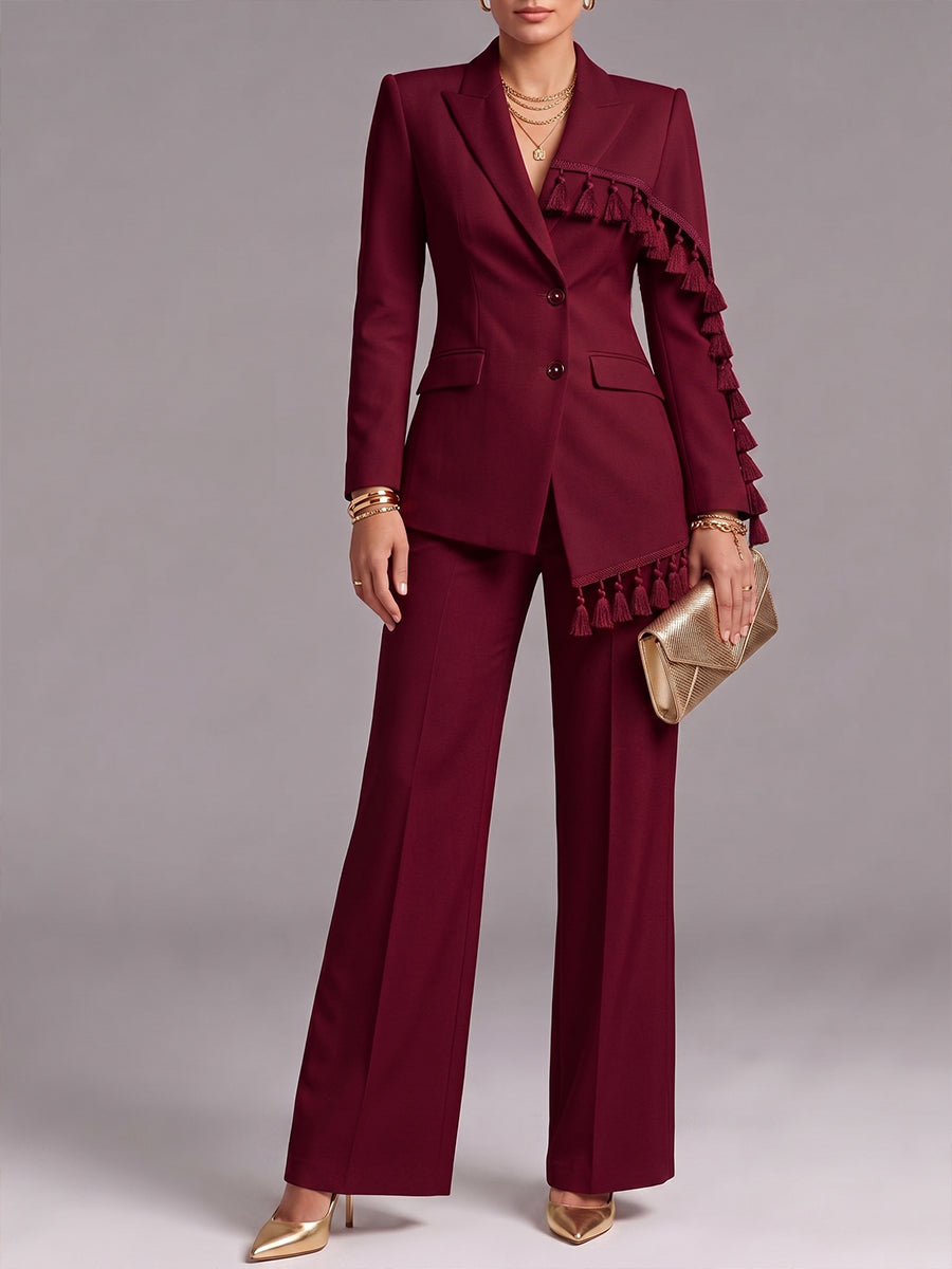 🤲LAST DAY SAVE 49% ⏰Elegant Tassel Trim Blazer & Wide-Leg Pants Set