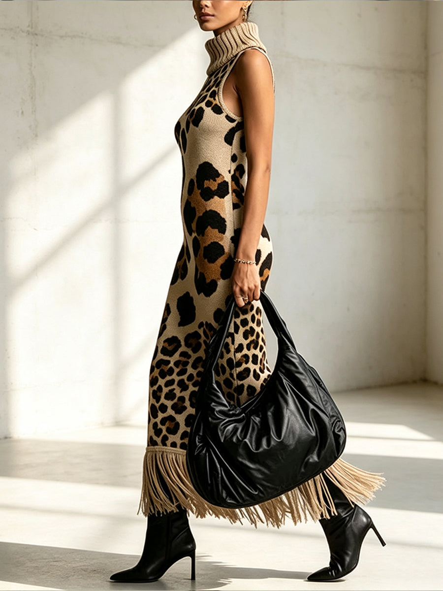 🤲LAST DAY SAVE 49% ⏰Bohemian Leopard-print Sleeveless Turtleneck Knit Midi Dress-✨FREE Handbag