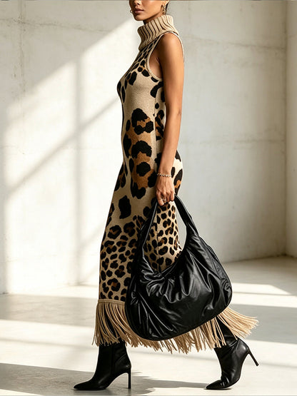 🤲LAST DAY SAVE 49% ⏰Bohemian Leopard-print Sleeveless Turtleneck Knit Midi Dress-✨FREE Handbag