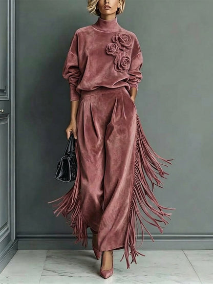 🤲LAST DAY SAVE 49% ⏰Elegant Faux Suede Two-piece Set With 3d Floral And Tassel Details
