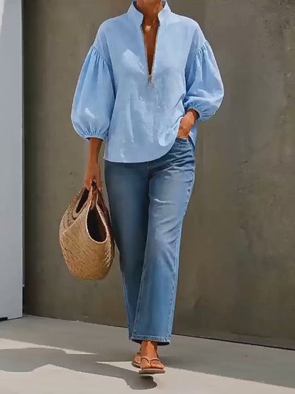 🌷Women's Relaxed V-Neck Zip Blouse – Effortless Everyday Style
