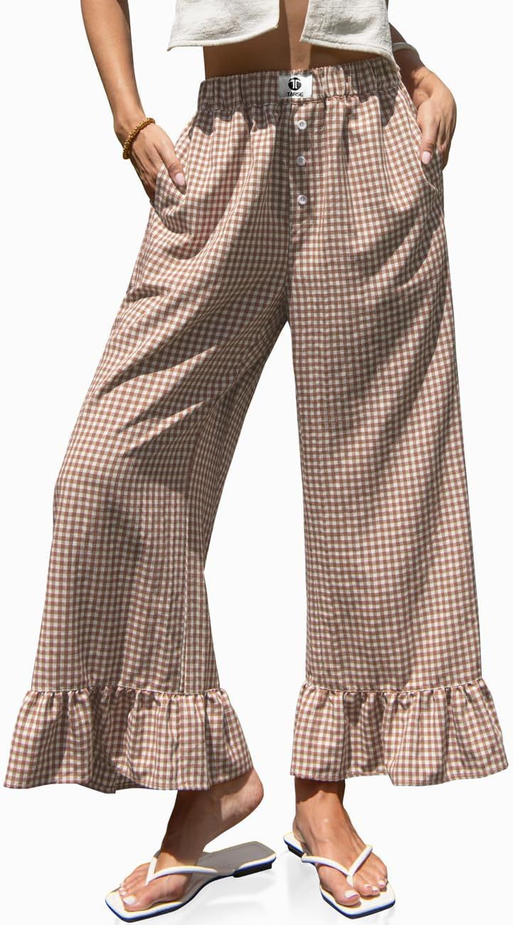 🌷Special Price Today⚡TARSE Gingham Ruffle Wide Leg Pants for Women