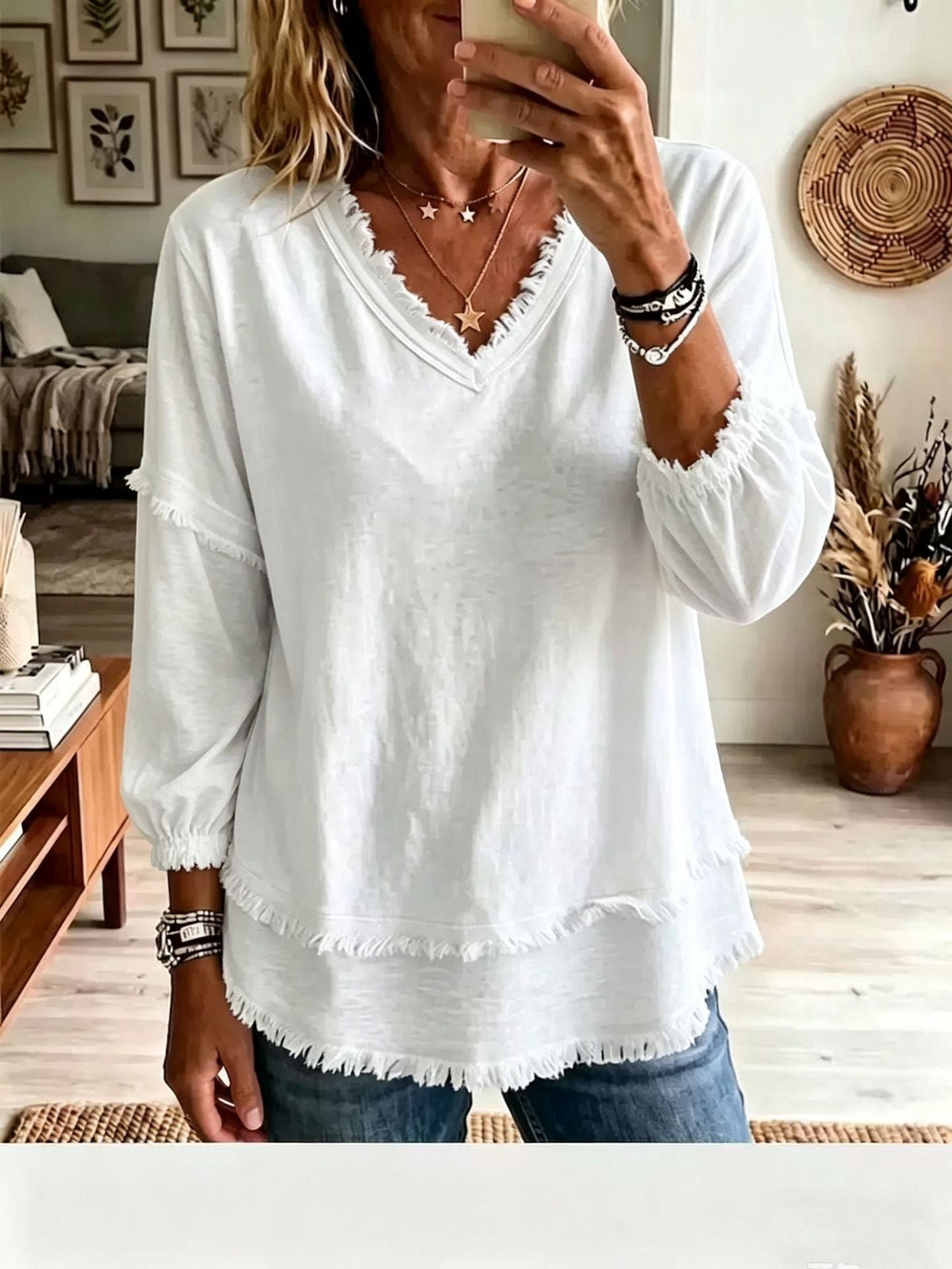🌷Vintage Frayed V-Neck Linen Blend Top | Effortless Summer Comfort