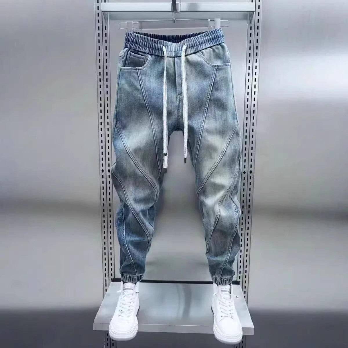 💚Trendy Men's Patchwork Denim Elastic Waist Jogger Harem Pants-4Size