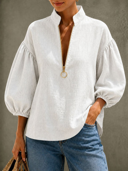 🌷Women's Relaxed V-Neck Zip Blouse – Effortless Everyday Style
