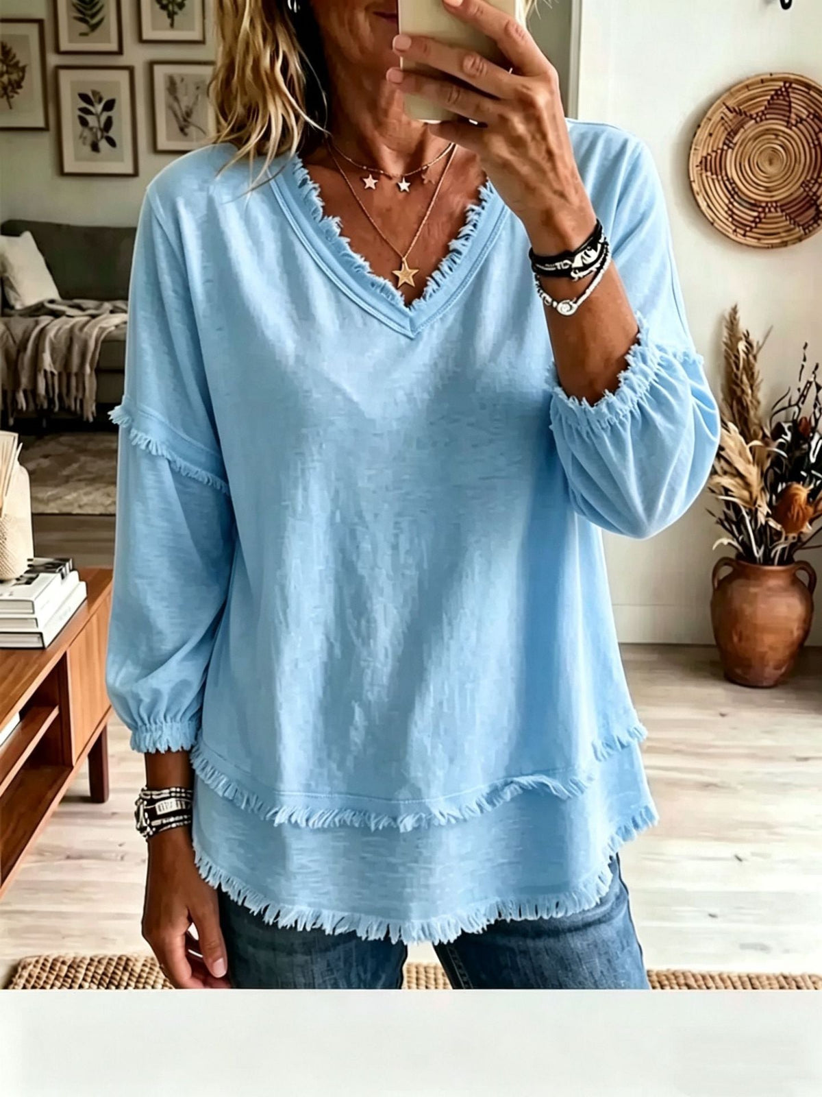 🌷Vintage Frayed V-Neck Linen Blend Top | Effortless Summer Comfort