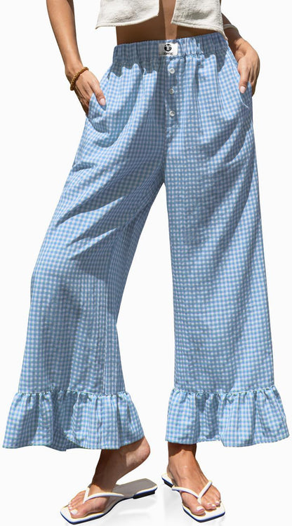 🌷Special Price Today⚡TARSE Gingham Ruffle Wide Leg Pants for Women
