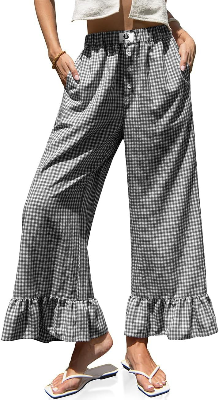 🌷Special Price Today⚡TARSE Gingham Ruffle Wide Leg Pants for Women