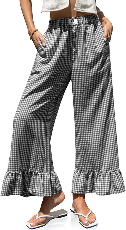🌷Special Price Today⚡TARSE Gingham Ruffle Wide Leg Pants for Women