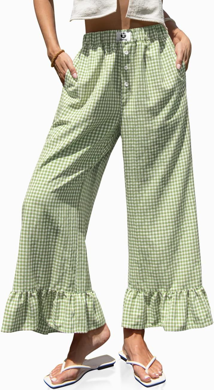 🌷Special Price Today⚡TARSE Gingham Ruffle Wide Leg Pants for Women
