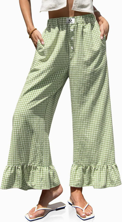 🌷Special Price Today⚡TARSE Gingham Ruffle Wide Leg Pants for Women