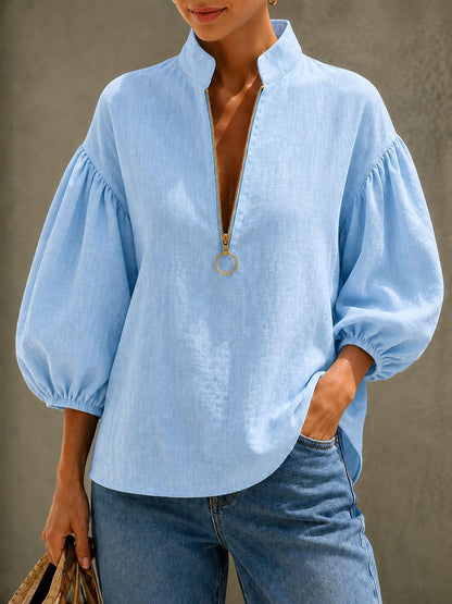 🌷Women's Relaxed V-Neck Zip Blouse – Effortless Everyday Style
