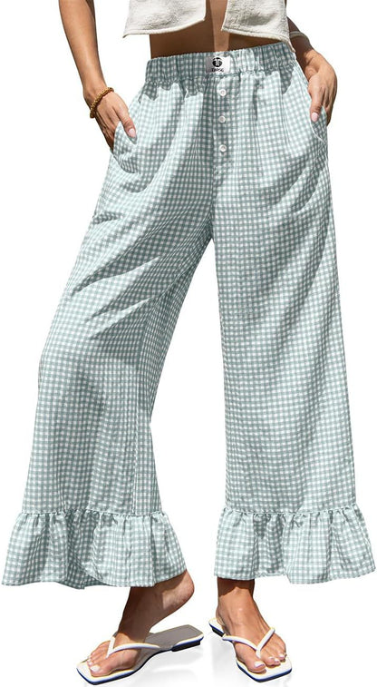 🌷Special Price Today⚡TARSE Gingham Ruffle Wide Leg Pants for Women