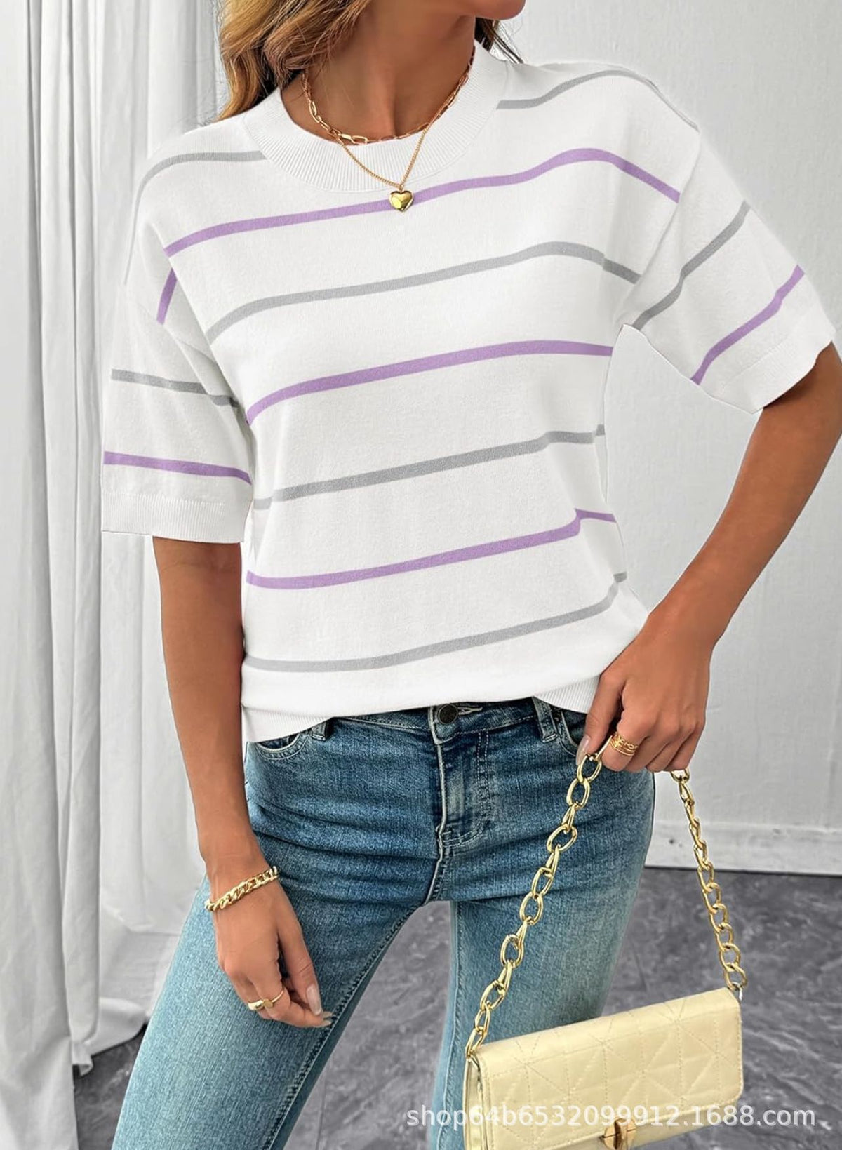 Women's Striped Knit Short Sleeve Pullover