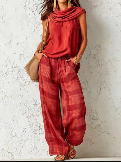 🌷Women's Vintage-Inspired Casual Chic Sleeveless Top And Plaid Trousers Set