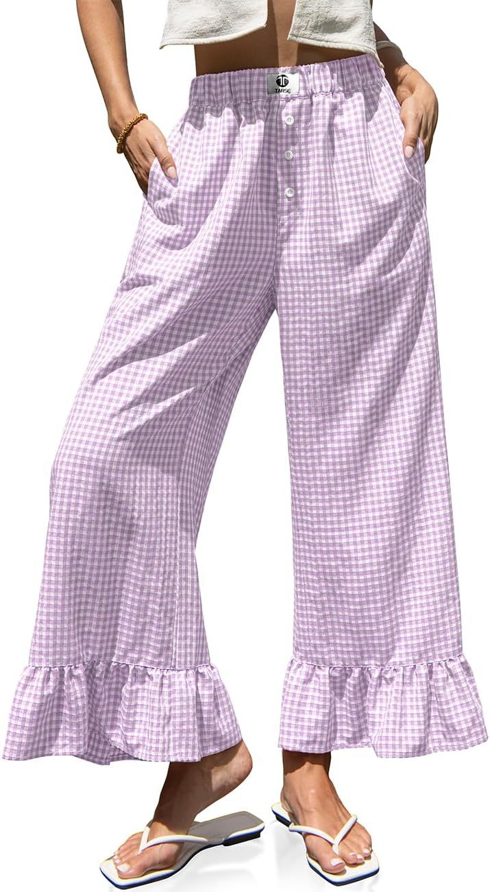 🌷Special Price Today⚡TARSE Gingham Ruffle Wide Leg Pants for Women