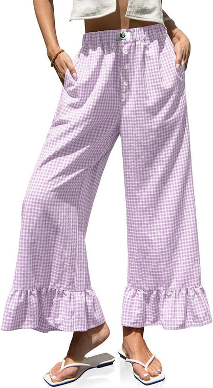 🌷Special Price Today⚡TARSE Gingham Ruffle Wide Leg Pants for Women