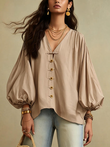 🌷Relaxed V-Neck Puff Sleeve Blouse – Effortless Everyday Style