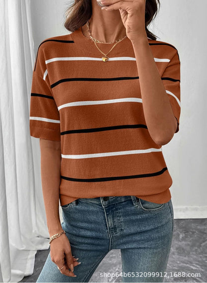 Women's Striped Knit Short Sleeve Pullover