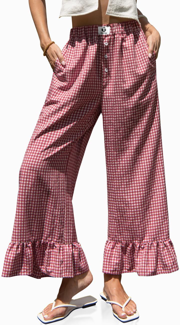 🌷Special Price Today⚡TARSE Gingham Ruffle Wide Leg Pants for Women
