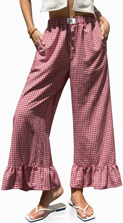 🌷Special Price Today⚡TARSE Gingham Ruffle Wide Leg Pants for Women