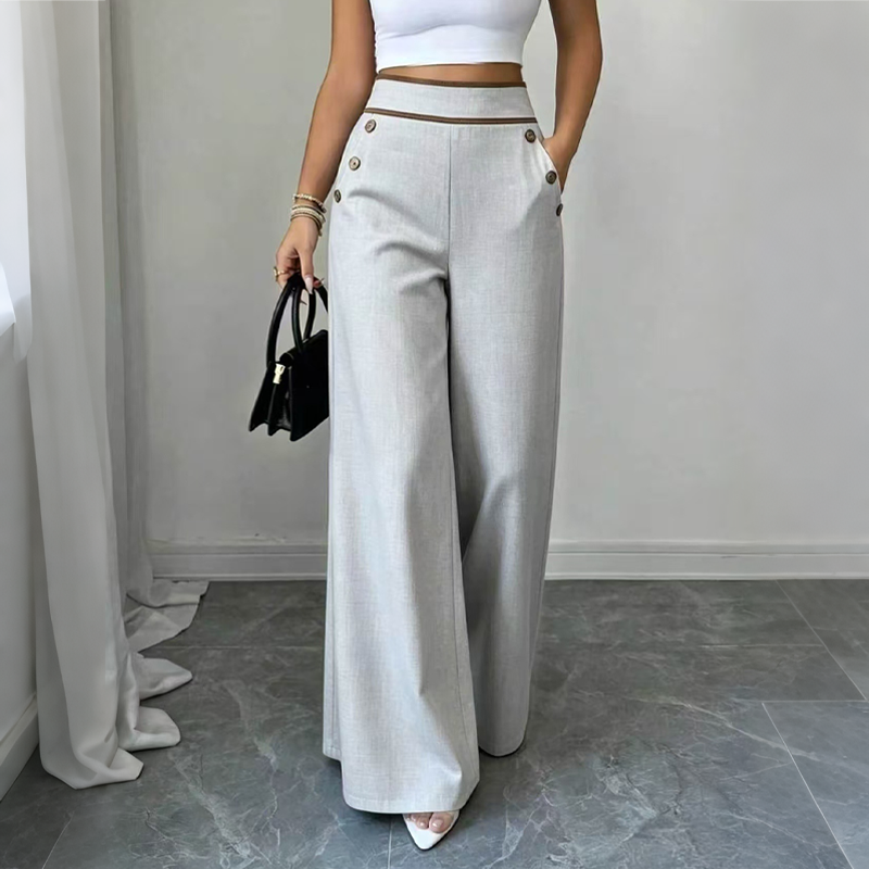 🤲Top Rated 🌿🛍️ Contrast-Trim Wide-Leg Pants – legant Drape & Flattering High-Rise