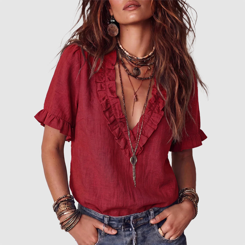 Women's Linen Ruffle V-Neck Blouse