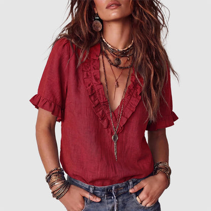 Women's Linen Ruffle V-Neck Blouse